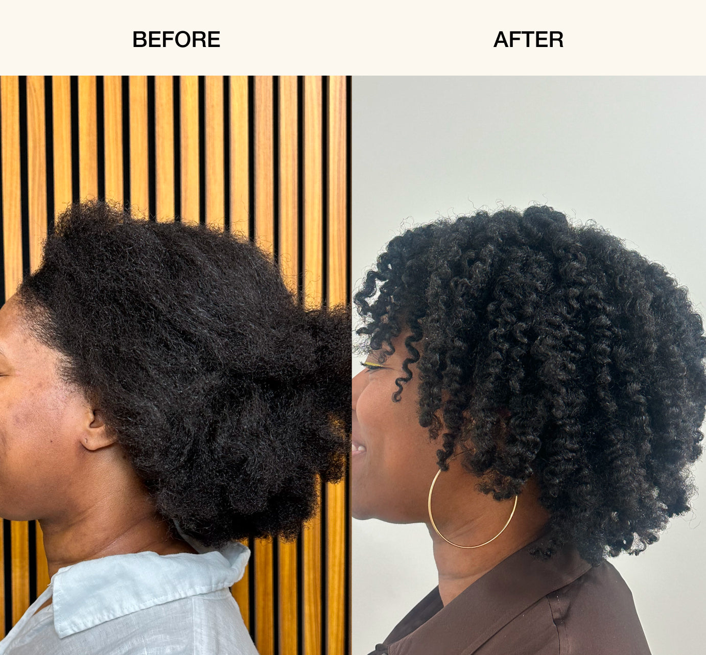 Before and after using Soft Rows Styling Foam and Hair Lotion on tightly textured hair — enhanced definition, moisture, and frizz control visible after styling.